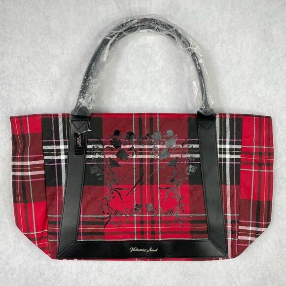 Victoria’s Secret Tote Bag Red Plaid Floral Large Weekender Bag NEW! - Picture 1 of 13